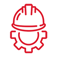 A red hard hat and tool icon