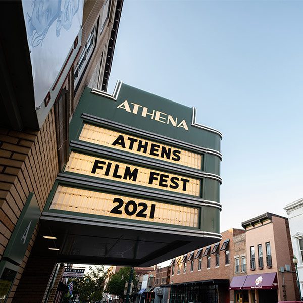 Athens movie theatre sign with Athen's film fest 2021